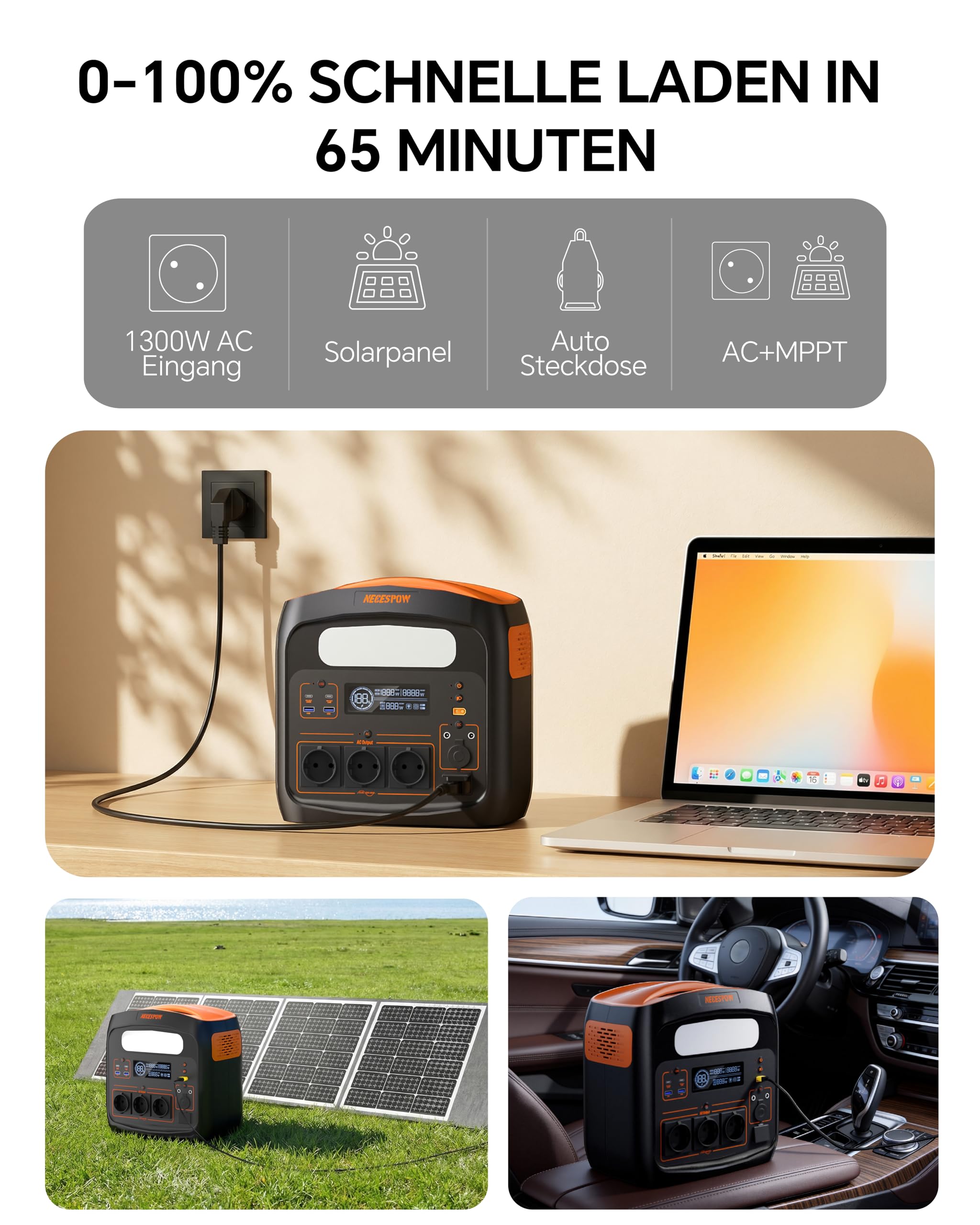 N1200P Tragbare Powerstation 1024Wh 1800W LiFePO4 Solargenerator 3x AC USB-C PD 100W