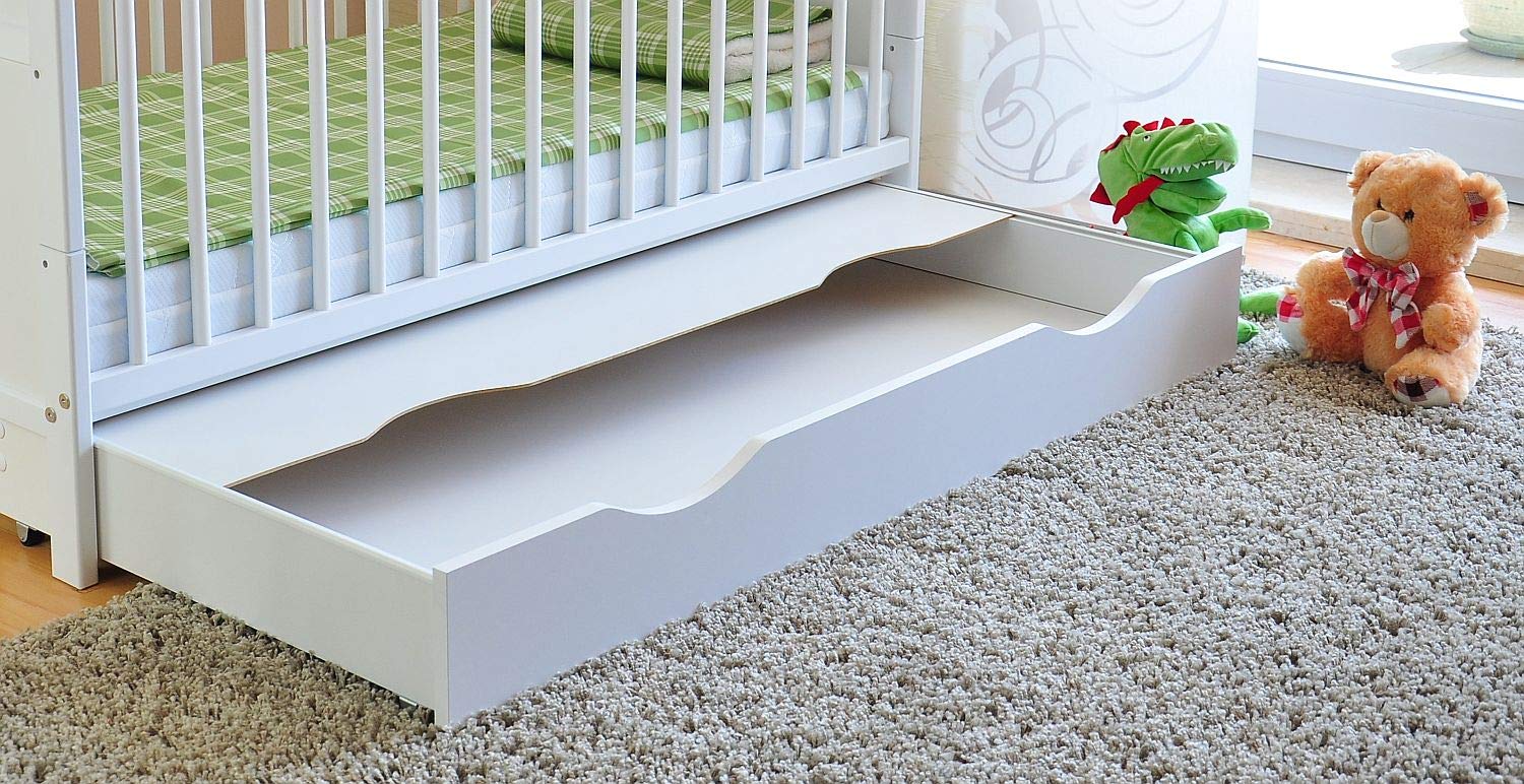 Baby Gitterbett mit Schublade 3-fach höhenverstellbar 6 cm Aloe Vera Matratze Zahnschienen umbaubar zum Juniorbett 120 x 60 cm Weiß