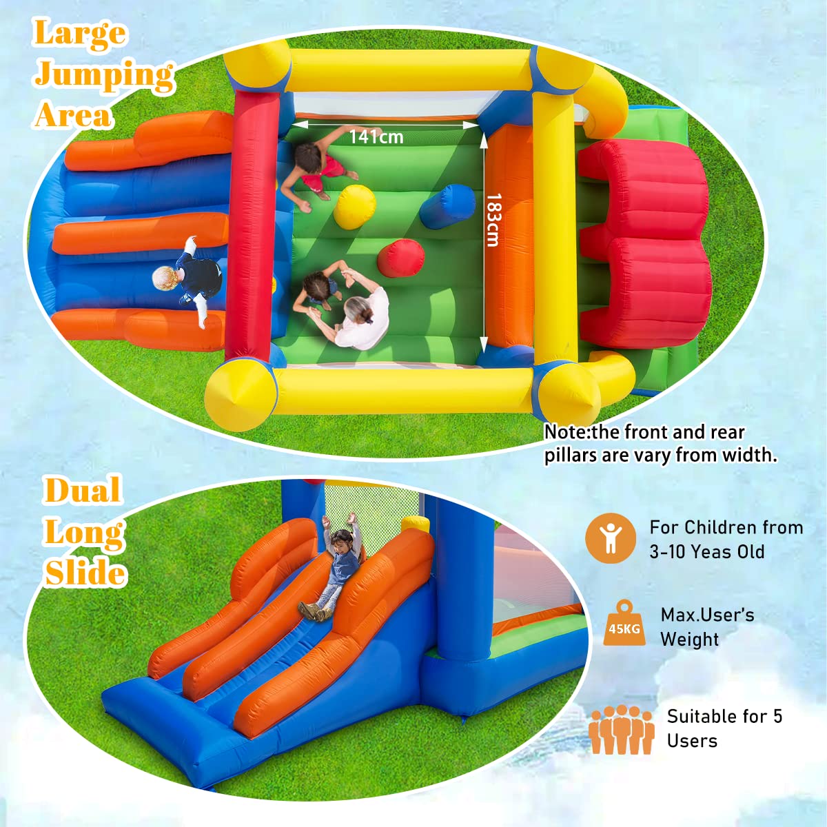 Kinder-Hüpfburg HT-M1 488 x 240 x 190 cm für 3–5 Kinder mit Rutsche Kletterbereich und Gebläse