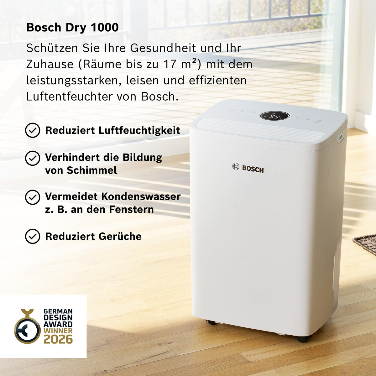 Luftentfeuchter Dry 1000 für Räume bis 17 m² 10 l/Tag Entfeuchtungsleistung 2,5 l Wassertank 3 Betriebsmodi 34 dB