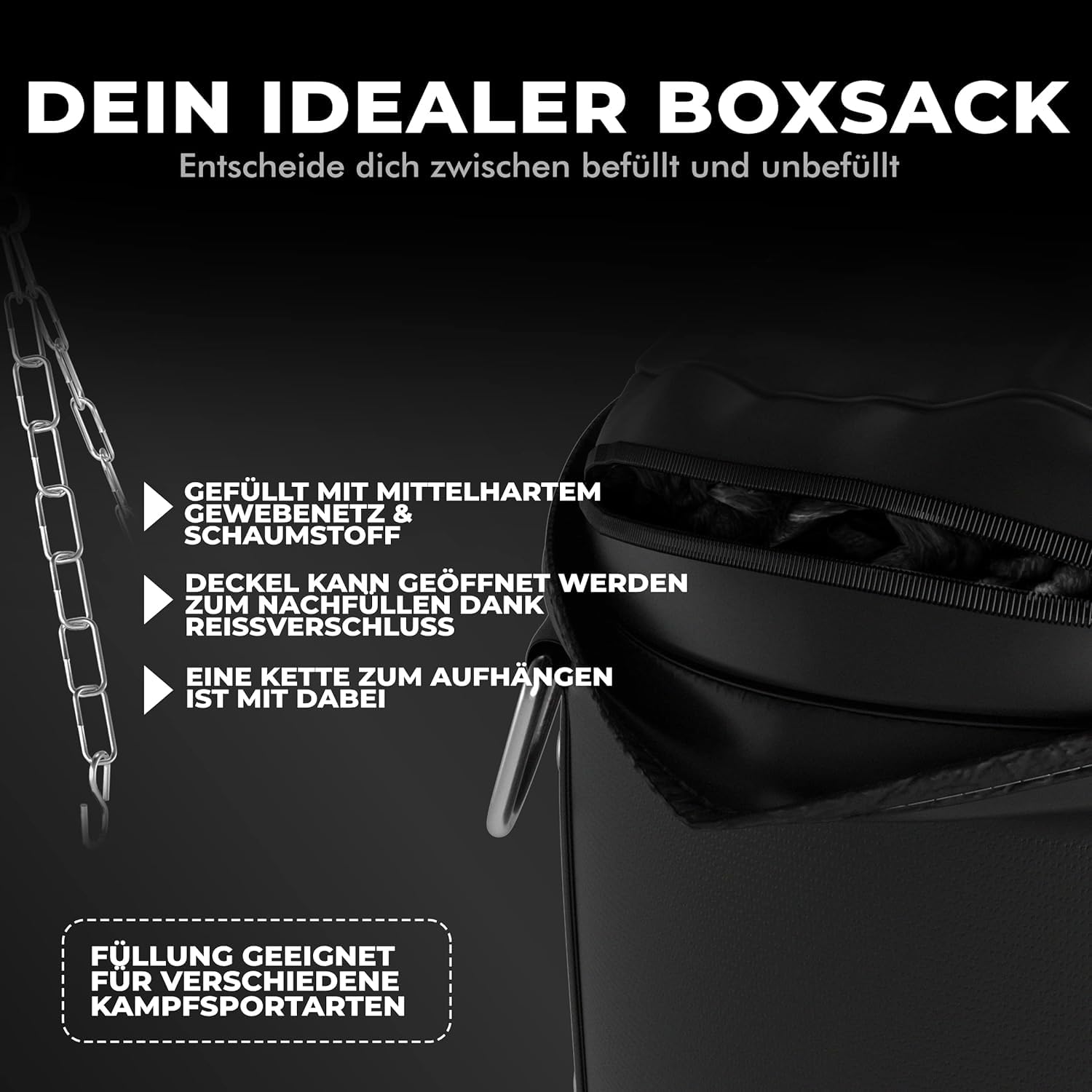 Boxsack Set gefüllt 30 kg 120 x 35 cm PU-Leder mit 4-Punkt-Stahlkette und Drehwirbel Schwarz