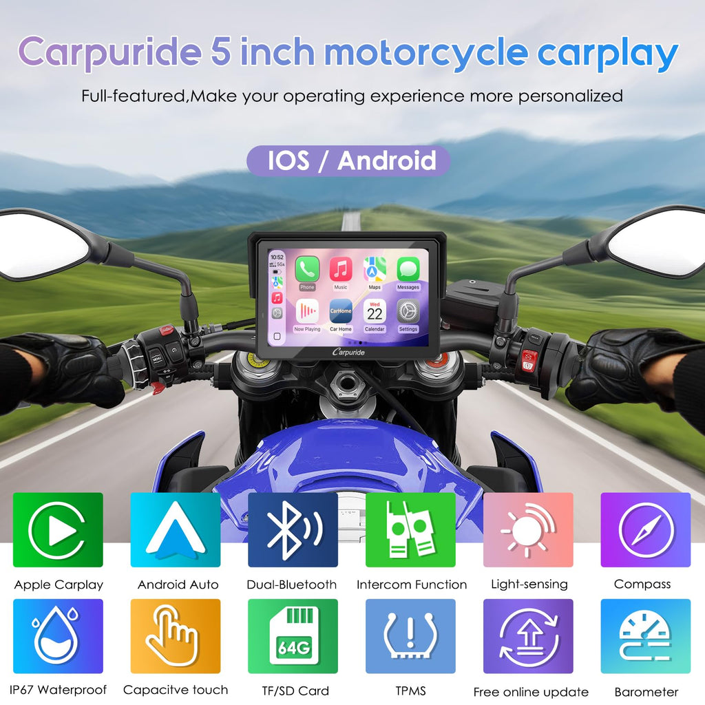 Motorrad CarPlay Display W502T Pro 5 Zoll Wireless Apple CarPlay Android Auto TPMS Dual Bluetooth GPS wasserdicht