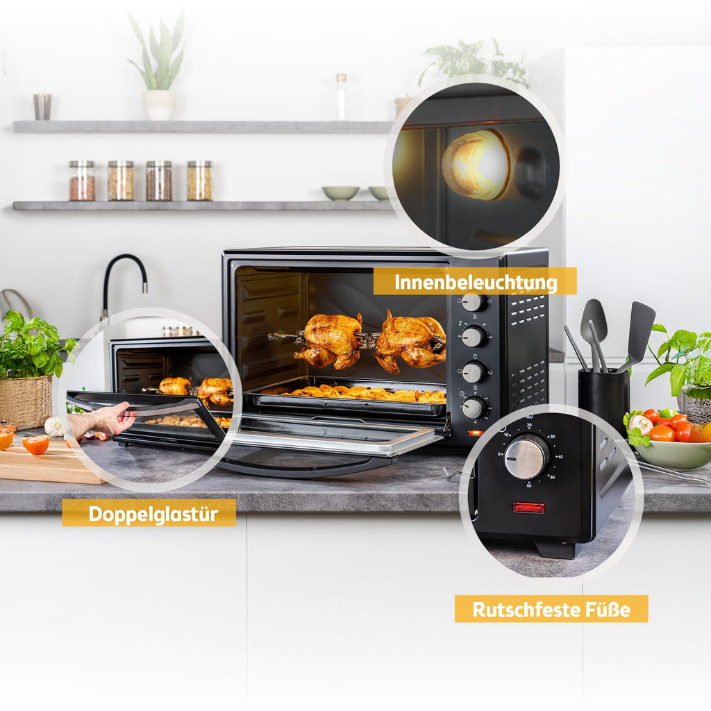 Minibackofen FA-5047 60 l 2000 W bis 230 °C 6 Heizmodi 60-Minuten-Timer Backblech Grillrost Drehspieß