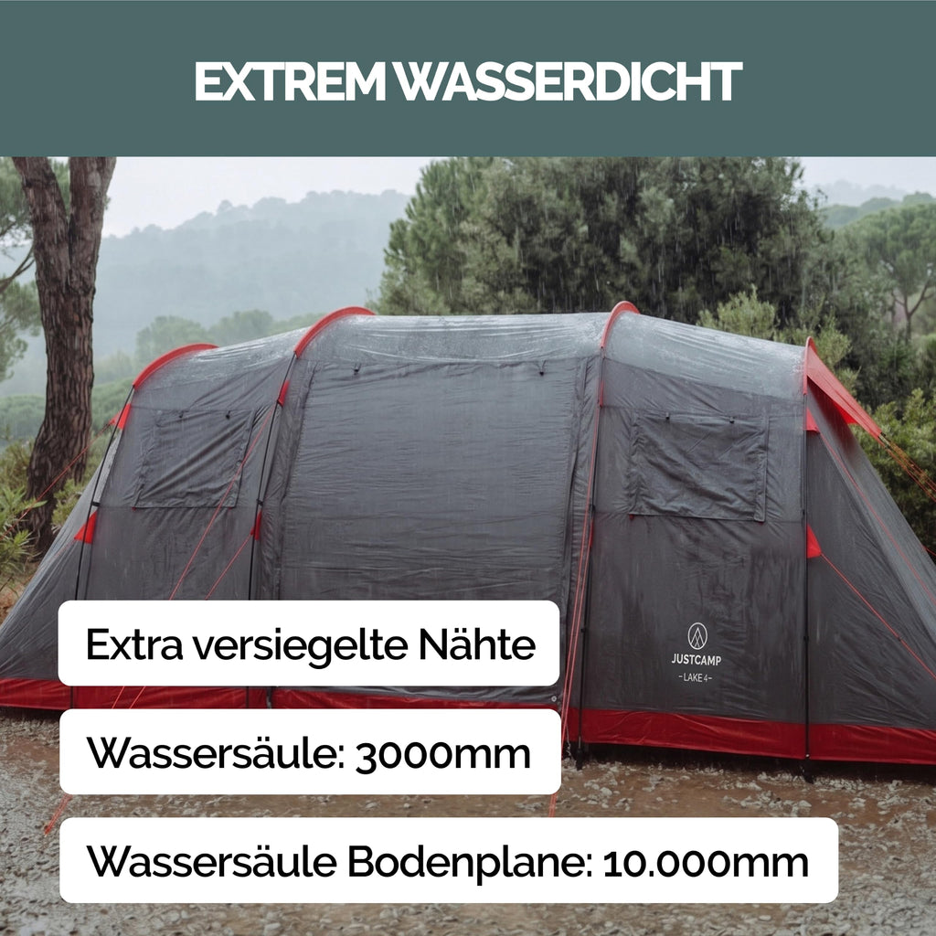 Familienzelt Lake 4 Personen Tunnelzelt 470 x 230 x 190 cm 2 Schlafkabinen 3000 mm Wassersäule Stehhöhe eingenähter Boden