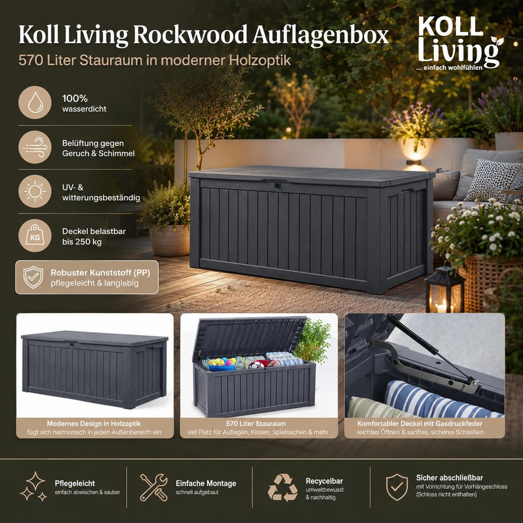 Auflagenbox 570 Liter wasserdicht mit Belüftung 155 x 72,4 x 64,4 cm Holzoptik Gasdruckfeder Anthrazit