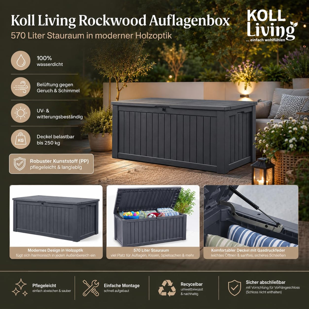 Auflagenbox 570 Liter wasserdicht mit Belüftung 155 x 72,4 x 64,4 cm Holzoptik Gasdruckfeder Anthrazit