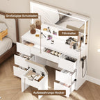 Schminktisch mit LED Spiegel TR-0884 115 x 40 x 139 cm 7 Schubladen 3 Lichtfarben mit Steckdosen und Hocker