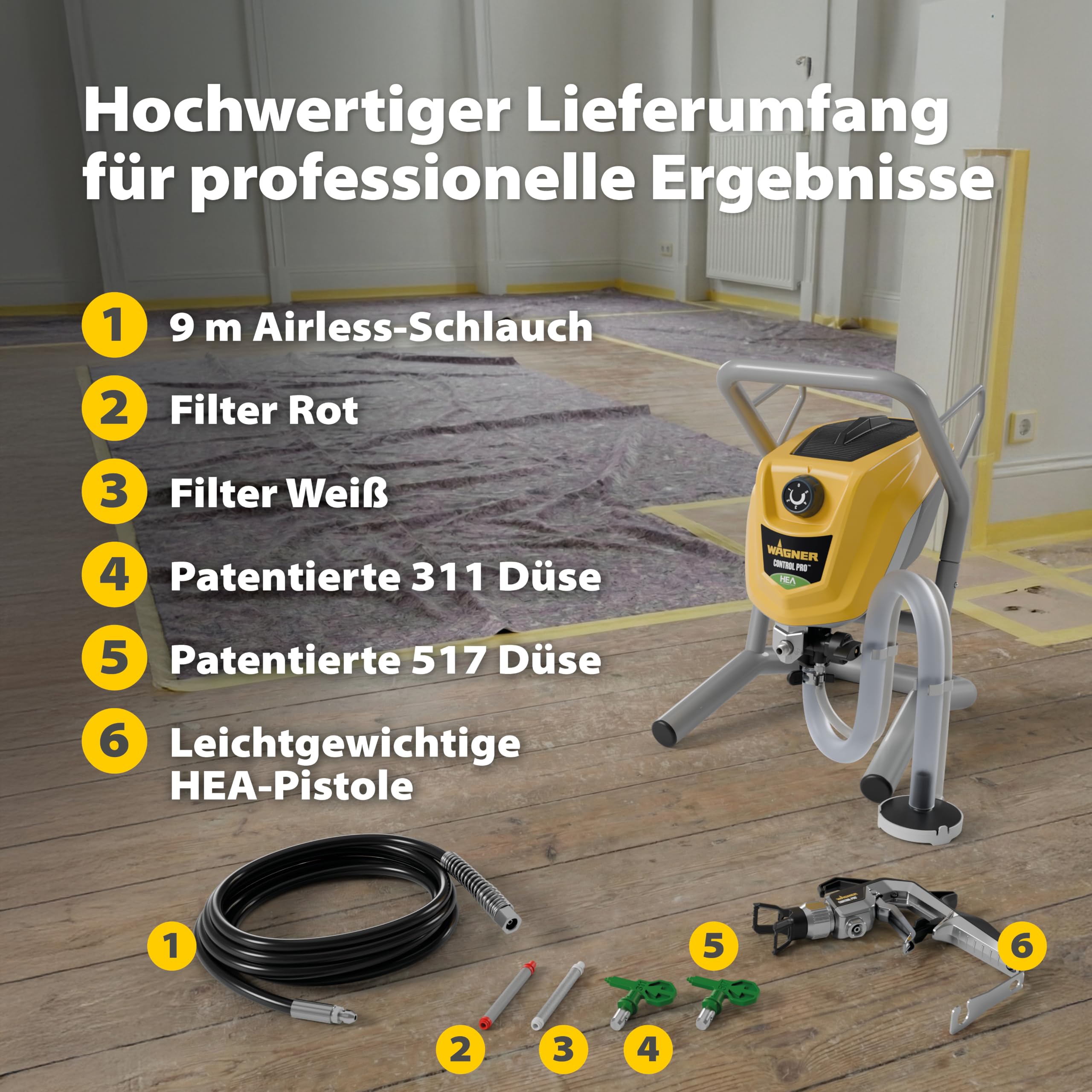 Airless Farbsprühsystem Control Pro 250 M 110 Bar mit 9 m Schlauch und Airlesspistole für Wandfarben Lacke und Lasuren