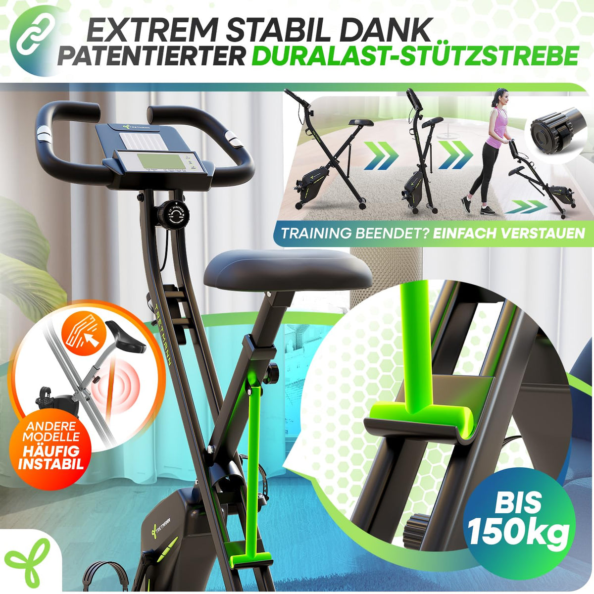 Klappbarer Heimtrainer Tretmann Home mit Magnetwiderstand 16 Stufen gepolstertem Sitz und 150 kg Belastbarkeit