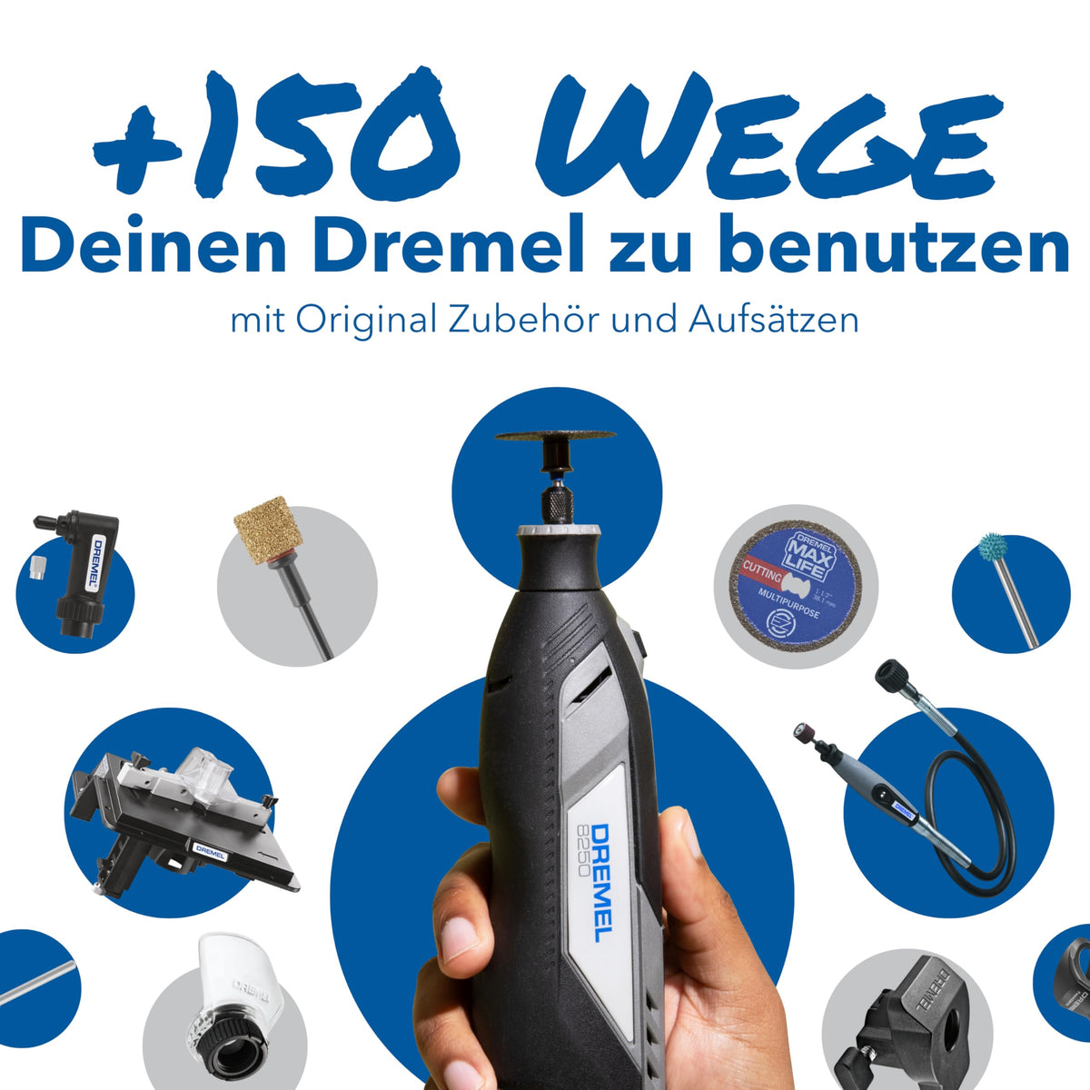 Akku-Rotationswerkzeug 8250 12 V 5000–30000 U/min bürstenlos mit 65 Zubehören 5 Aufsätzen 2 Akkus und Ladegerät