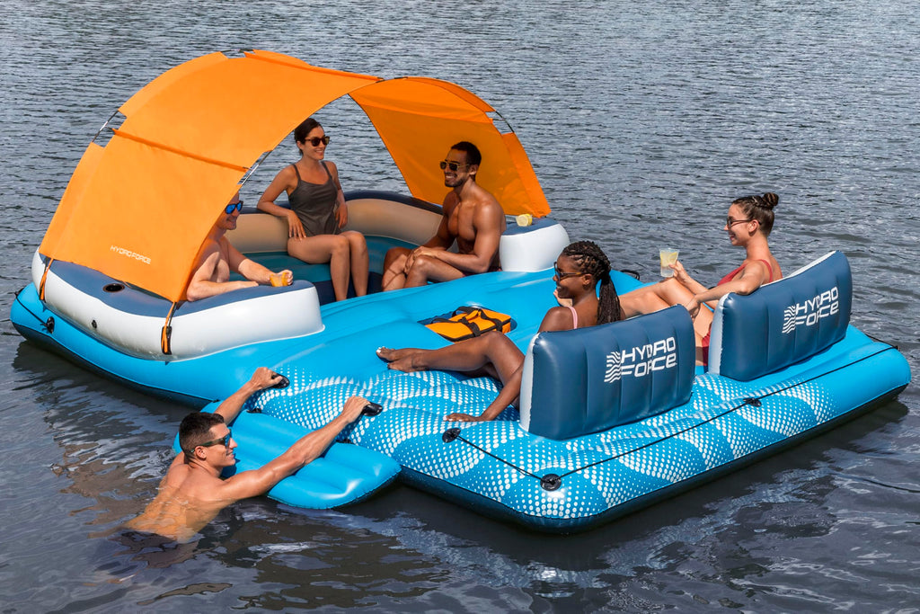 Badeinsel für 6 Personen Tropical Breeze 389 × 274 cm mit Sonnendach Kühltasche und 6 Getränkehaltern