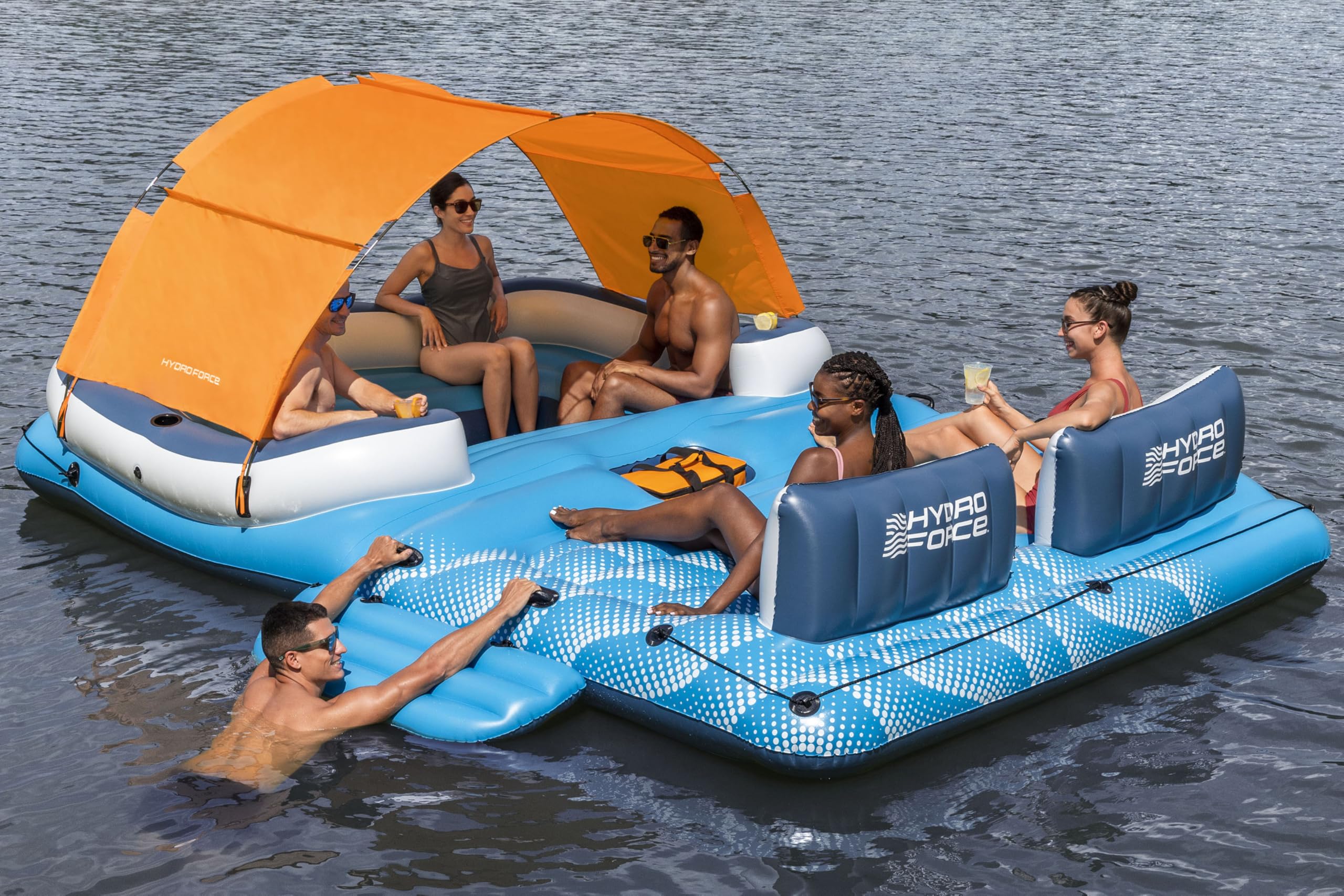 Badeinsel für 6 Personen Tropical Breeze 389 × 274 cm mit Sonnendach Kühltasche und 6 Getränkehaltern