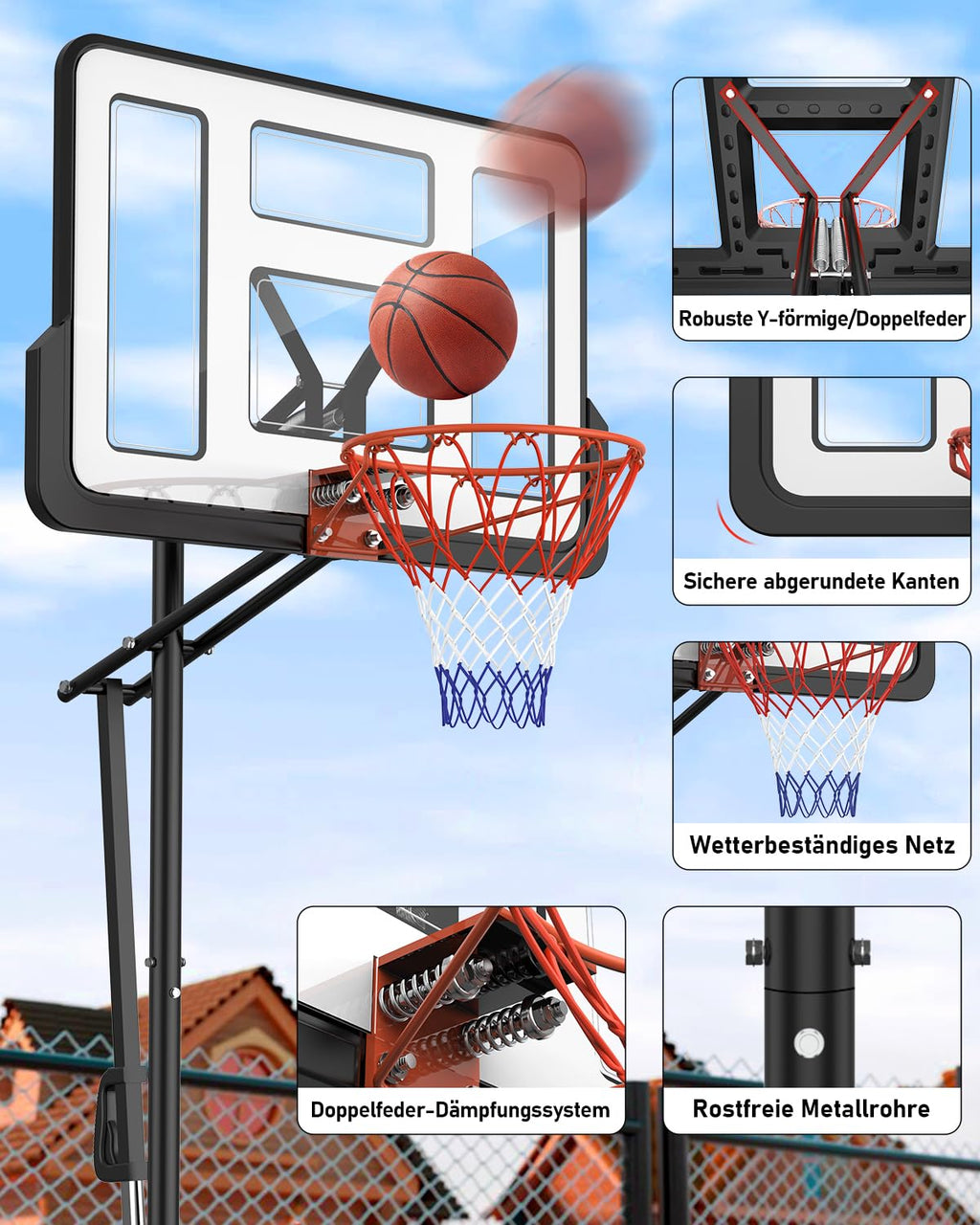 Höhenverstellbarer Basketballkorb LM052 145–305 cm mit 110 x 75 cm Rückwand Rollen und befüllbarer Standbasis