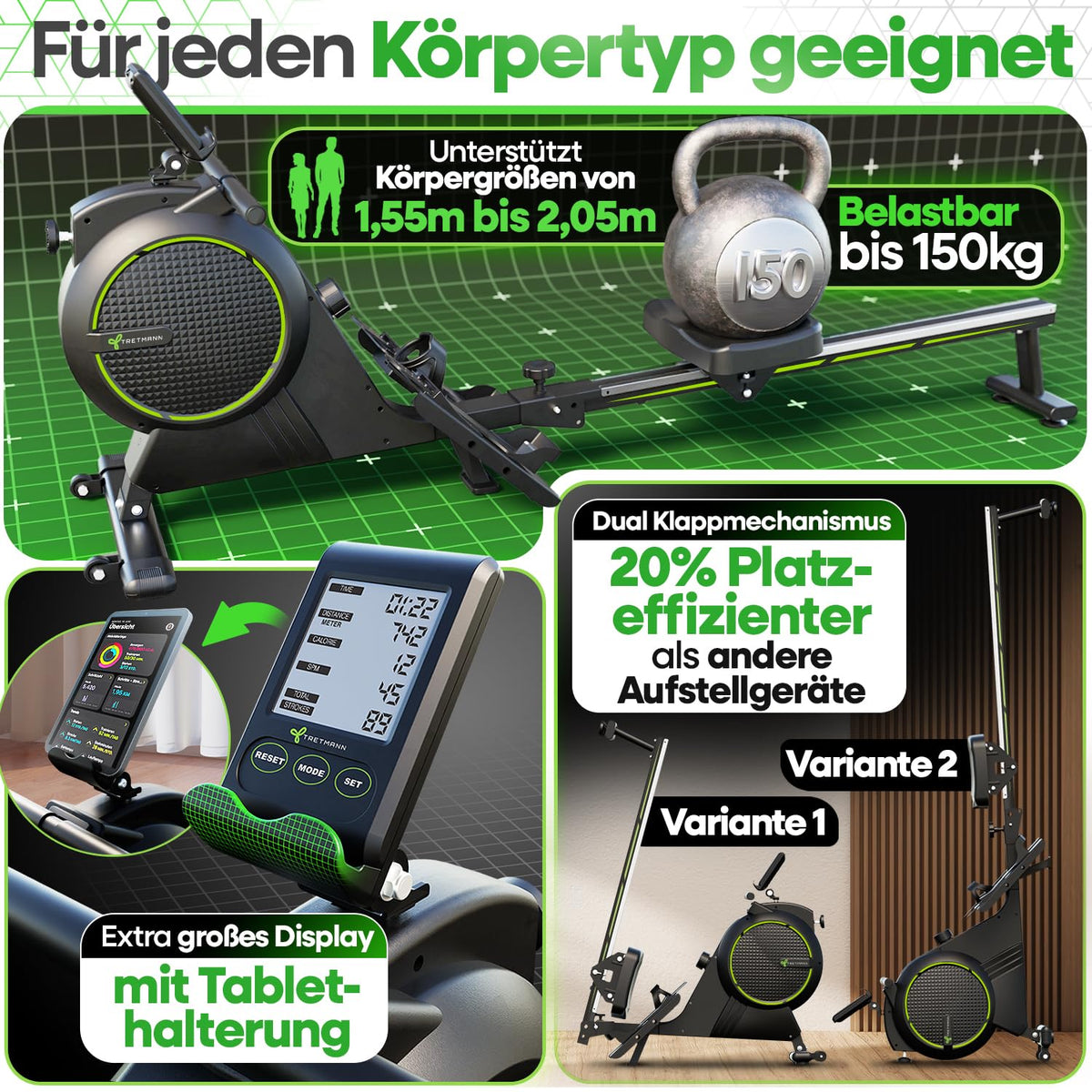 Rudergerät für Zuhause klappbar mit Wirbelstrombremse 2.0 16 Widerstandsstufen Memory-Foam-Sitzkissen und 150 kg Belastbarkeit