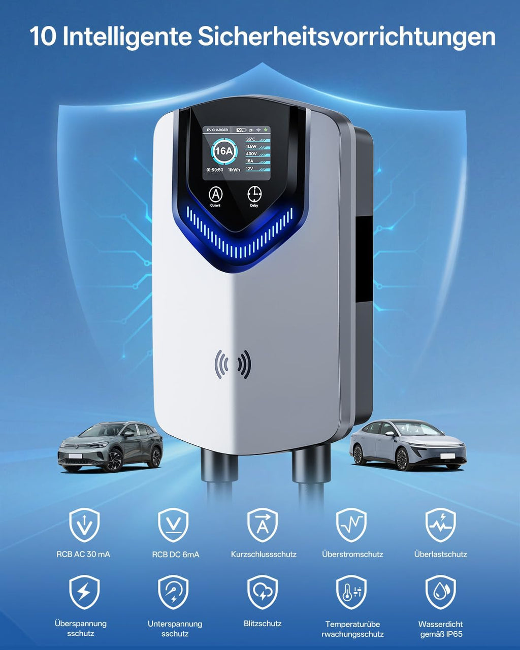 Wallbox 11 kW Typ 2 400 V 16 A 3-phasig 8 m Ladekabel App RFID RCD 30 mA AC 6 mA DC IP65 für BEV PHEV