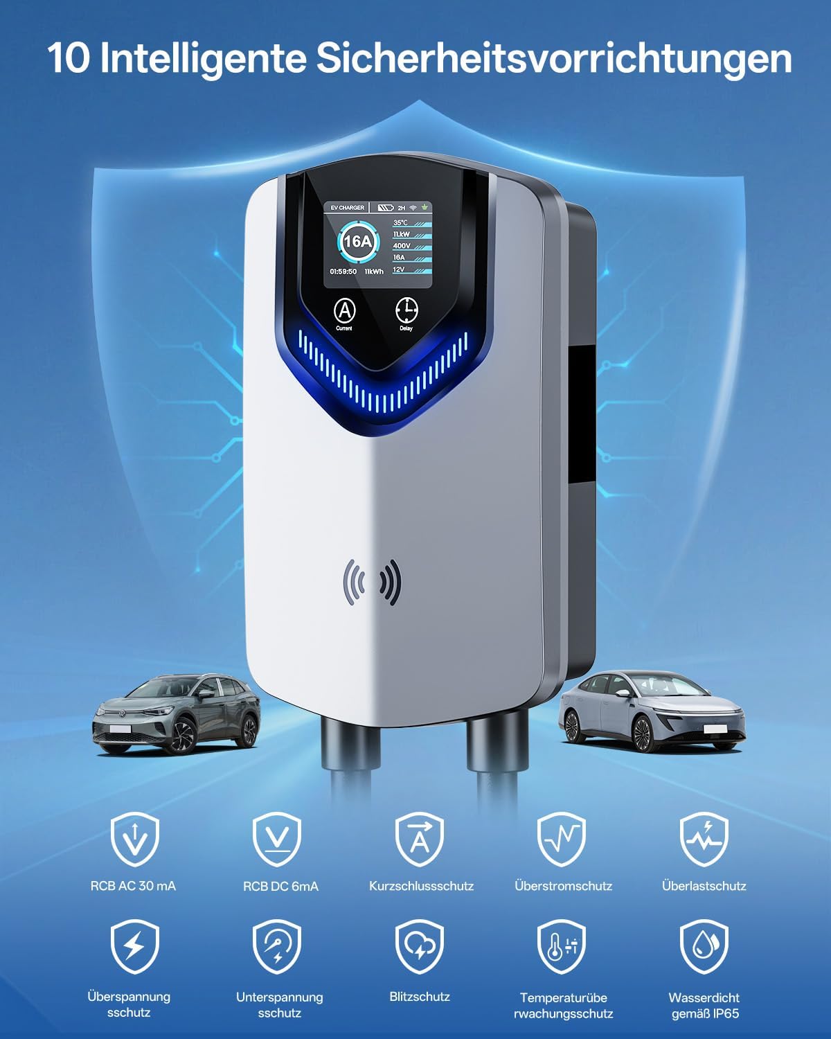 Wallbox 11 kW Typ 2 400 V 16 A 3-phasig 8 m Ladekabel App RFID RCD 30 mA AC 6 mA DC IP65 für BEV PHEV