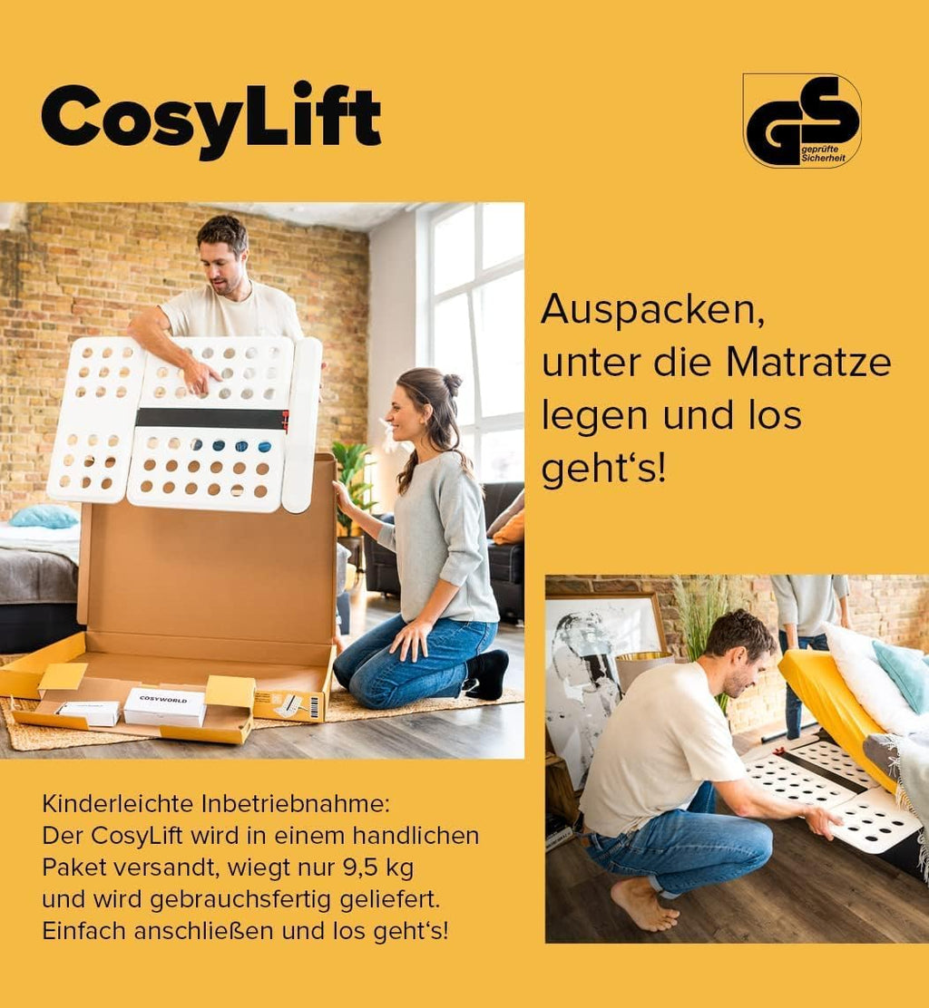 Elektrischer Bettlift CosyLift für Matratzen bis 110 cm 150 kg 102 × 70 cm mit Motor und Handschalter