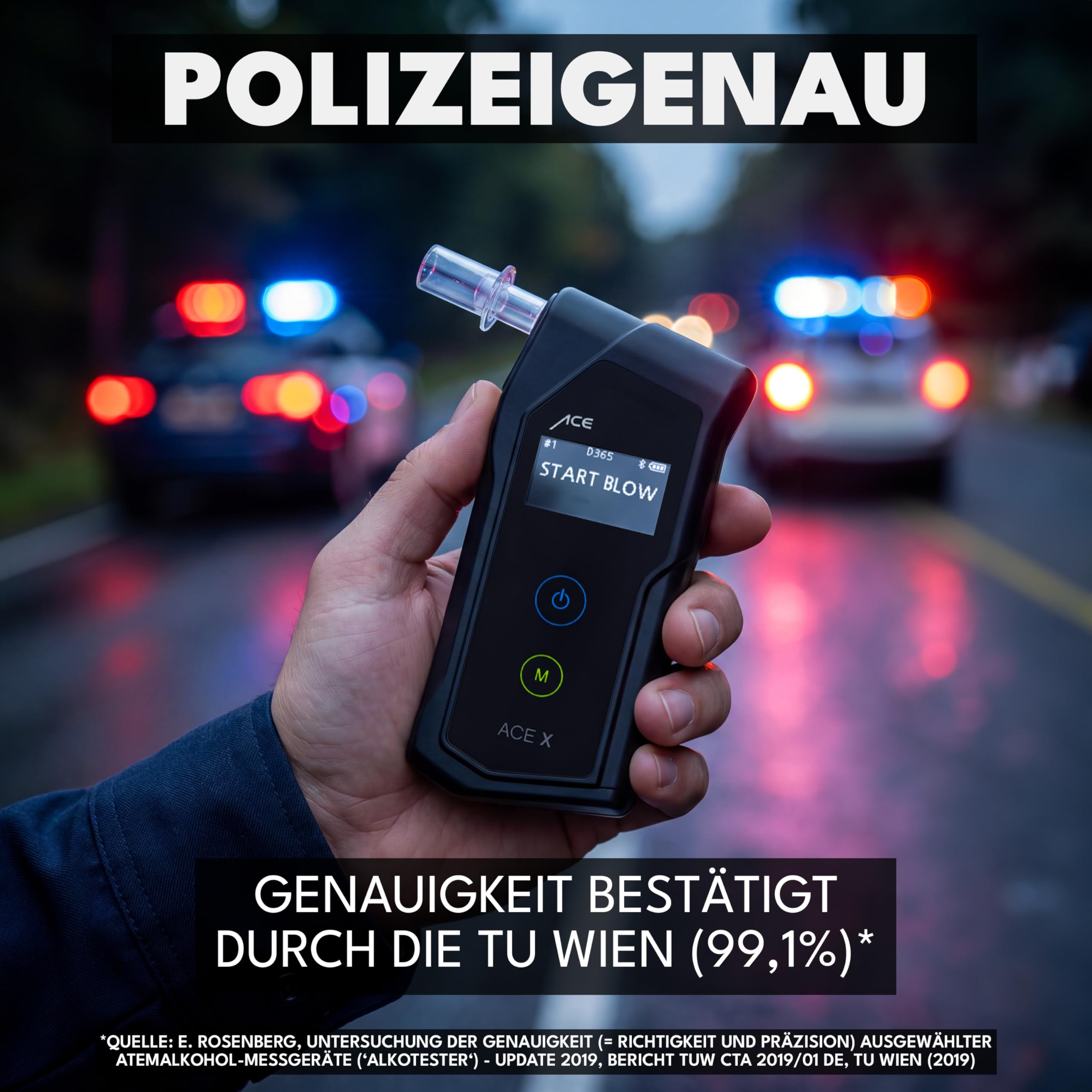 Alkoholtester ACE X mit elektrochemischem Sensor 0,05 Promille Abweichung 6 Mundstücke Transporttasche und 2 AAA-Batterien