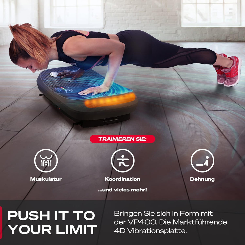 4D-Vibrationsplatte VP400 bis 40 Hz mit 3 Trainingsmodi Bluetooth Lautsprecher Touch-Display und 120 kg Belastbarkeit