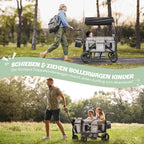 Faltbarer Bollerwagen RO-02 für 2 Kinder mit Dach 5-Punkt-Gurt PU-Rädern Snacktablett und Aluminiumrahmen Grau