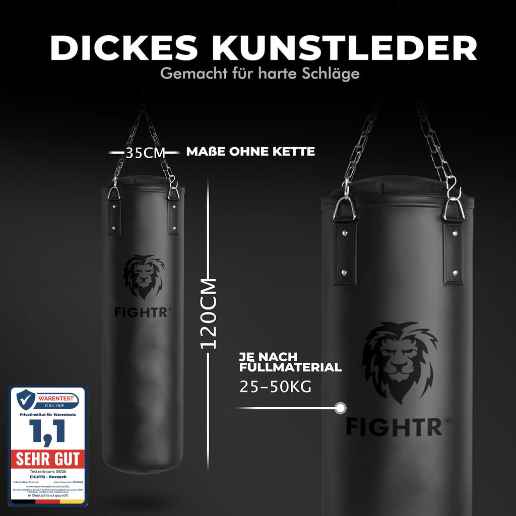Boxsack Set gefüllt 30 kg 120 x 35 cm PU-Leder mit 4-Punkt-Stahlkette und Drehwirbel Schwarz