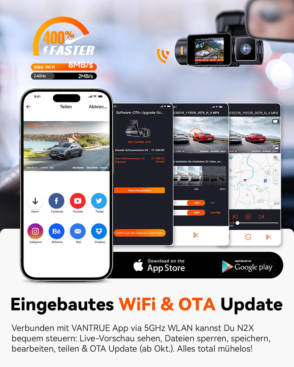 2K Dashcam N2X Dualkamera 2.5K 60FPS vorne und 1080P innen STARVIS 2 HDR 5GHz WLAN GPS Nachtsicht Sprachsteuerung