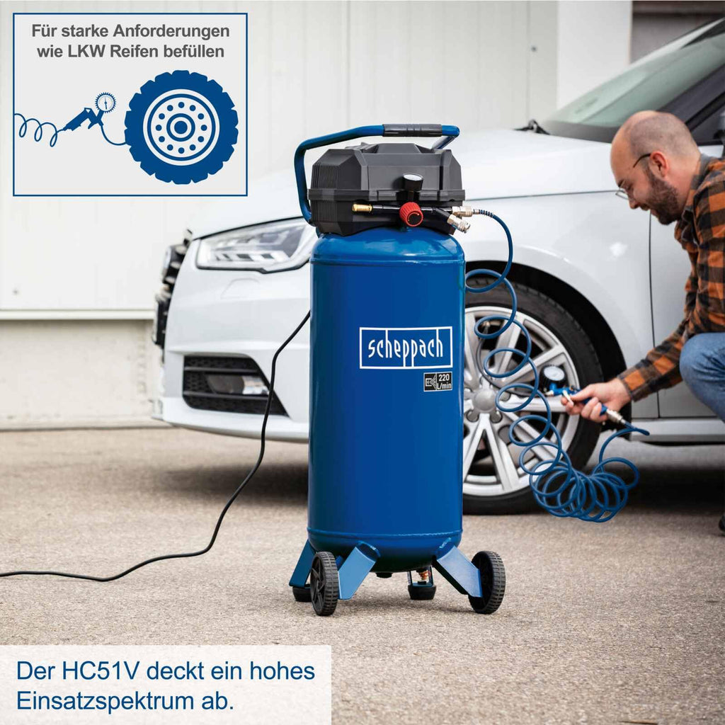 Druckluftkompressor HC51V 50 l 10 bar 1500 W 220 l/min ölfrei mit Druckminderer 2 Schnellkupplungen 13-teiligem Zubehörset und 15 m Schlauch