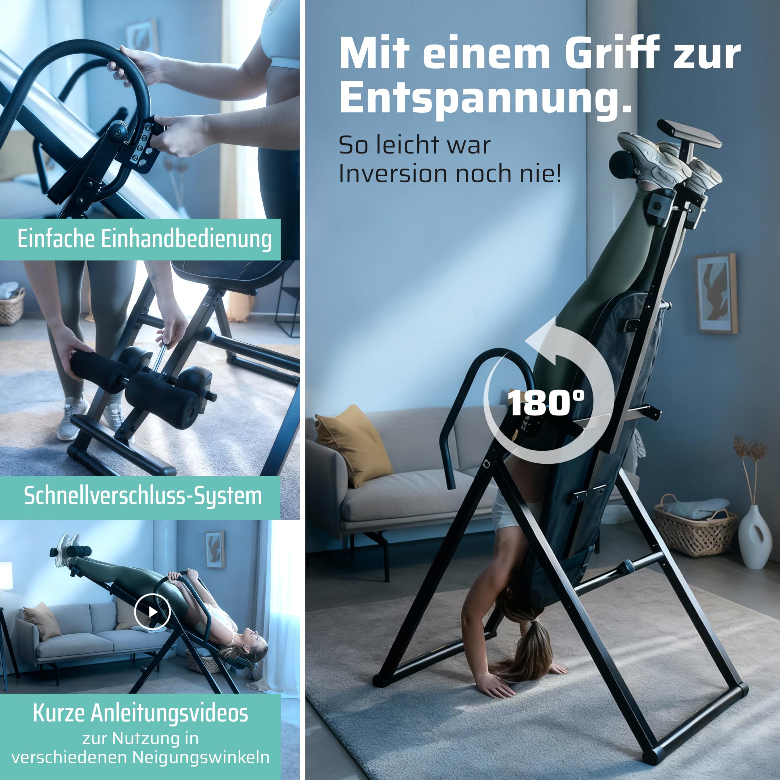 Klappbare Inversionsbank SP-INV-1100-B mit 4 Inversionswinkeln bis 90° und 135 kg Belastbarkeit Schwarz