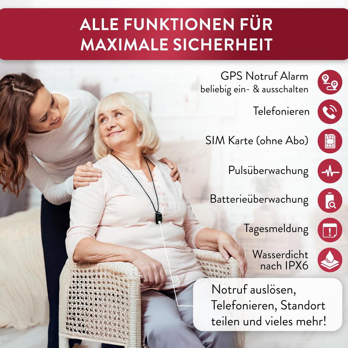 Carino 4G GPS Notrufarmband für Senioren mit Ortung Telefonfunktion SOS-Taste Nano SIM 7 Tage Akkulaufzeit IPX6 wasserdicht ohne Abo