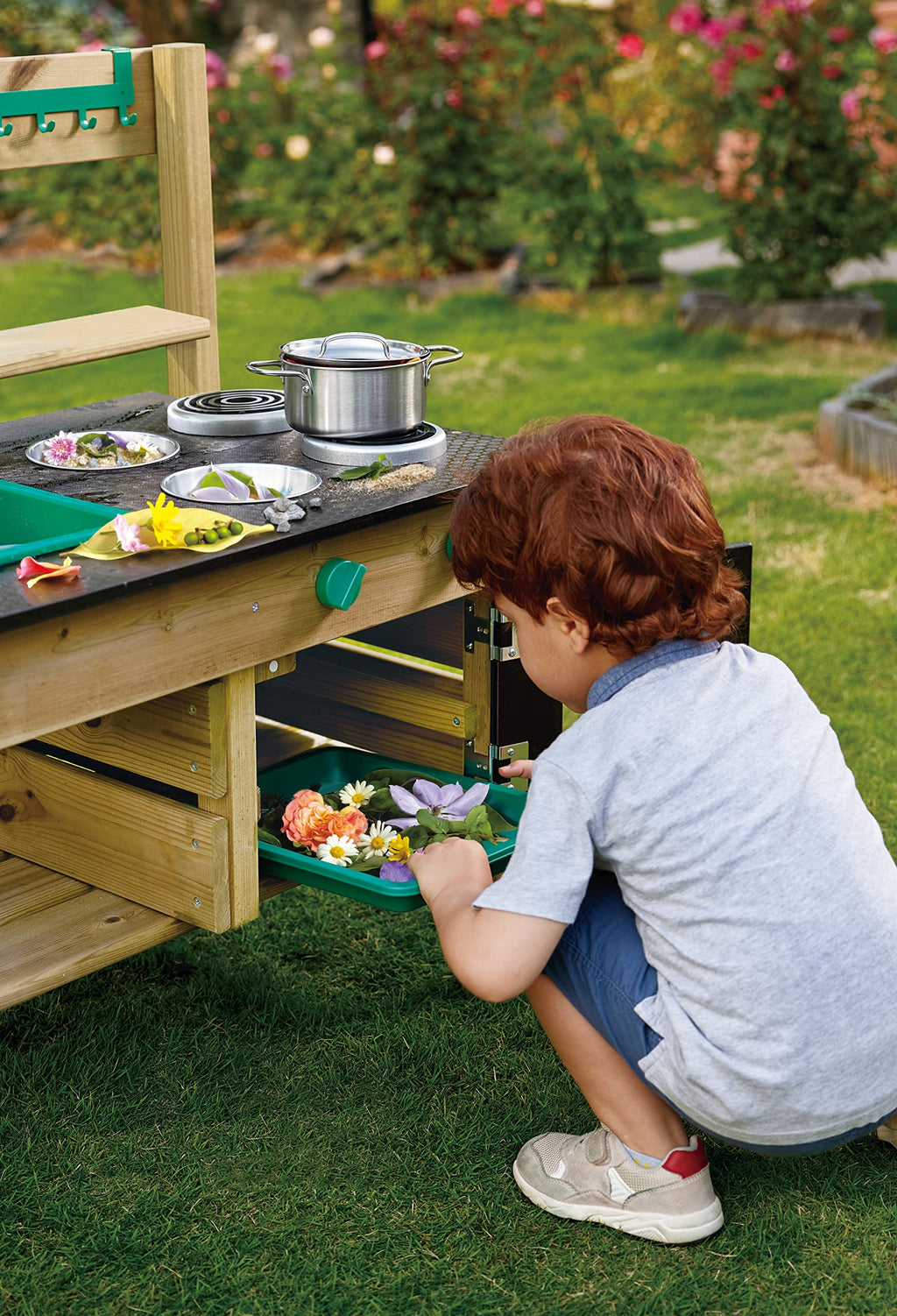 Outdoor Spielküche E3193 aus Kiefernholz für Kinder ab 3 Jahren mit Herd Backofen Spüle Wassertank und Küchenzubehör