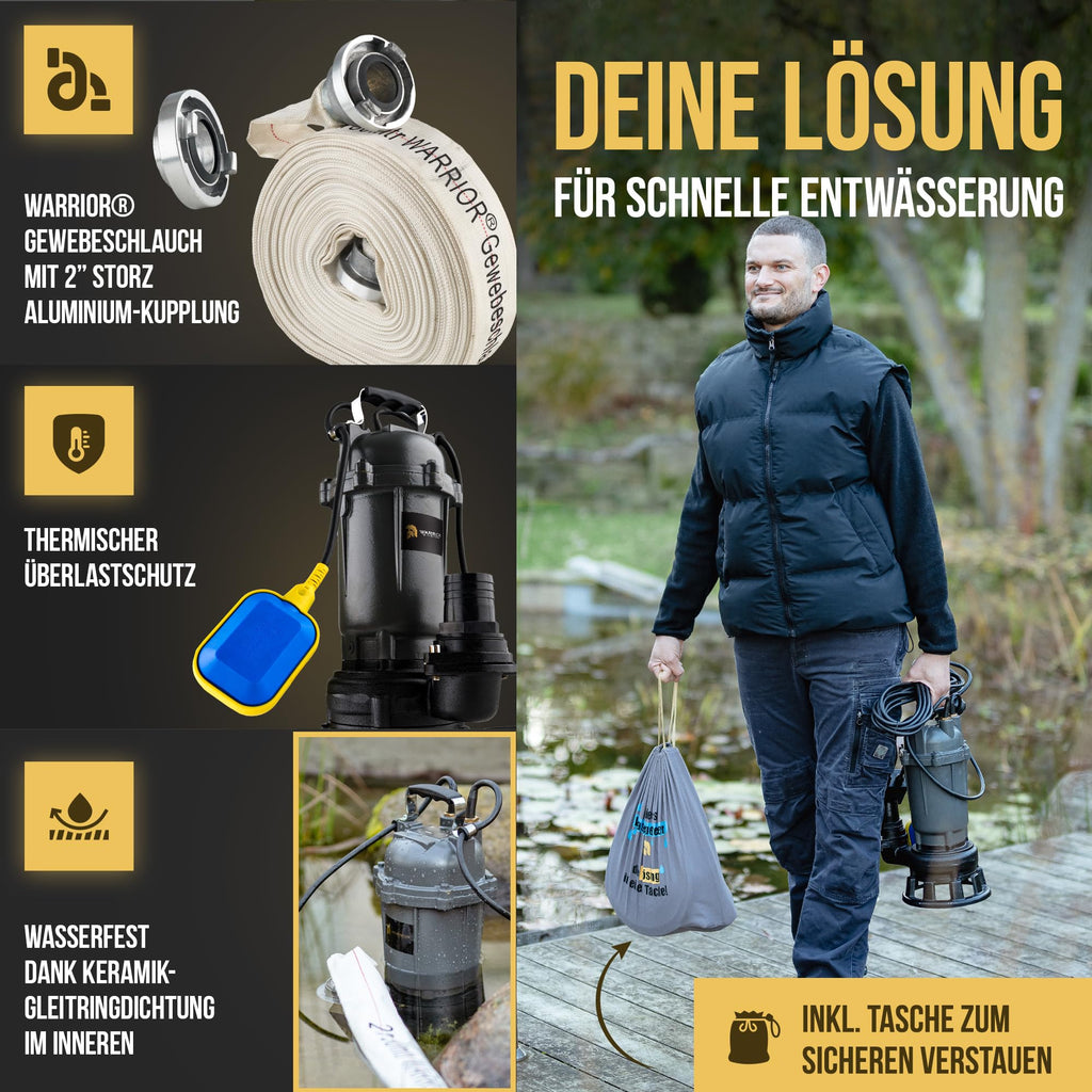 Schmutzwasserpumpe WQD1500 1500W mit Schneidwerk 26400 l/h 20 m 2 Zoll Gewebeschlauch Tragetasche