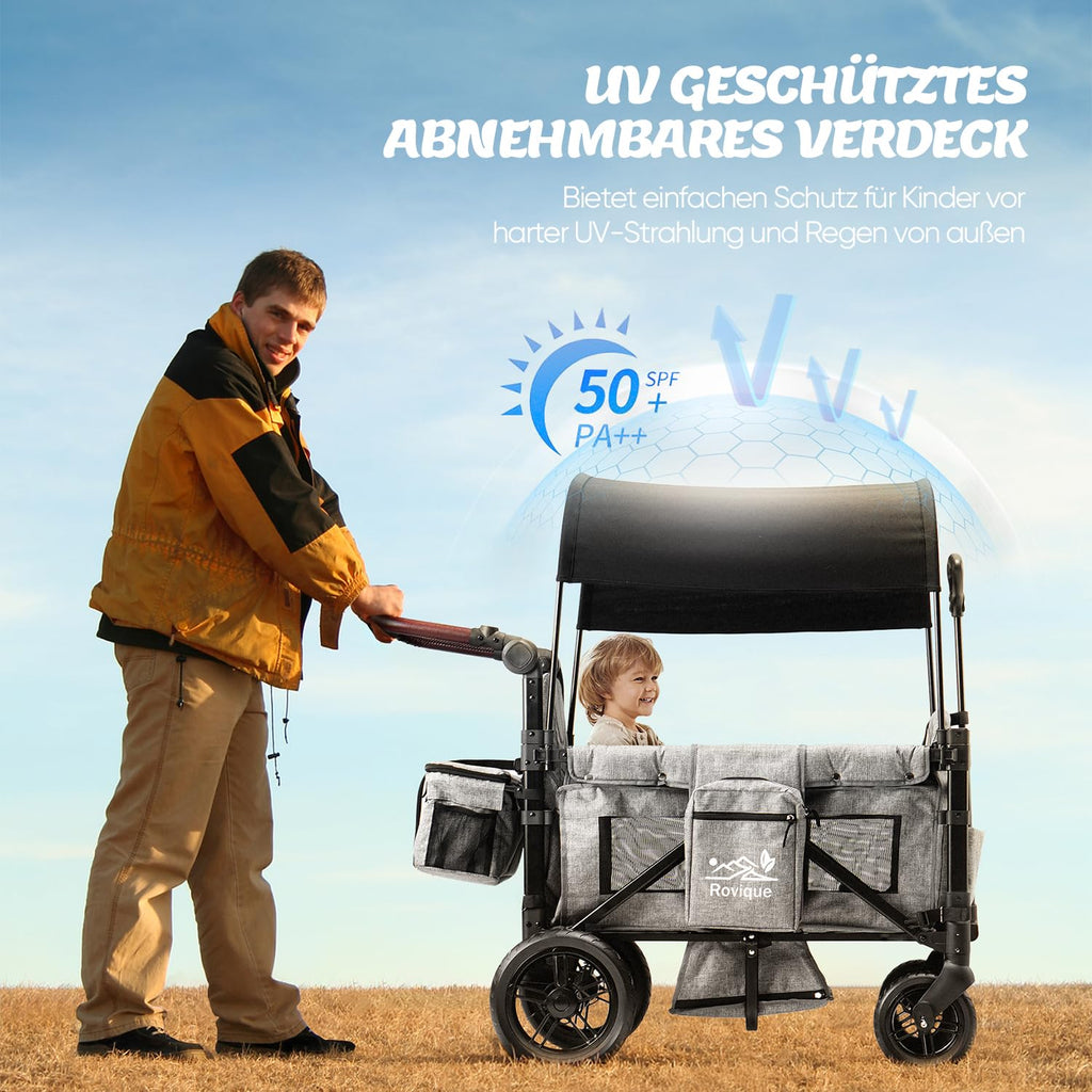 Faltbarer Bollerwagen RO-02 für 2 Kinder mit Dach 5-Punkt-Gurt PU-Rädern Snacktablett und Aluminiumrahmen Grau