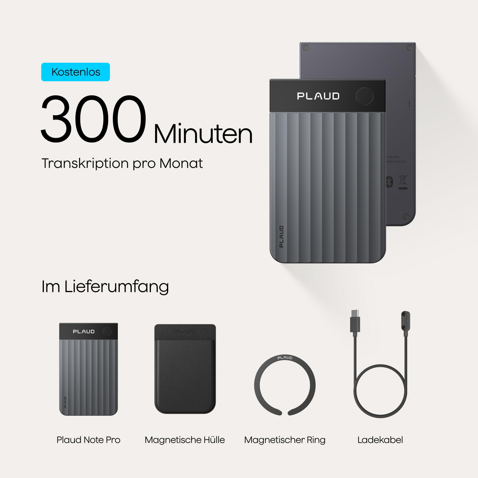 KI-Diktiergerät Note Pro 64 GB 50 Std Aufnahmezeit Bluetooth WAV Dual-Modus 5 m Aufnahmebereich 4 MEMS Mikrofone 1 VPU Mikrofon 112 Sprachen