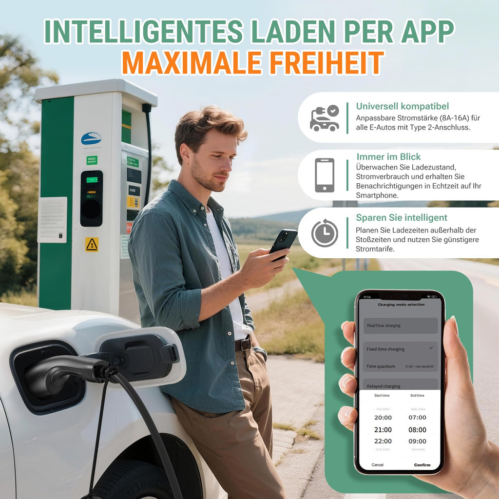 Mobile Wallbox 11kW mit App 400V 16A 3-phasig 7,6m Typ 2 Ladekabel CEE IP66 OLED Wandmontage für E-Autos
