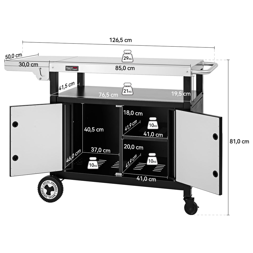 Grillwagen mit Edelstahl-Tischplatte klappbarem Seitentisch Unterschrank Rollen 126,5 x 60 x 81 cm