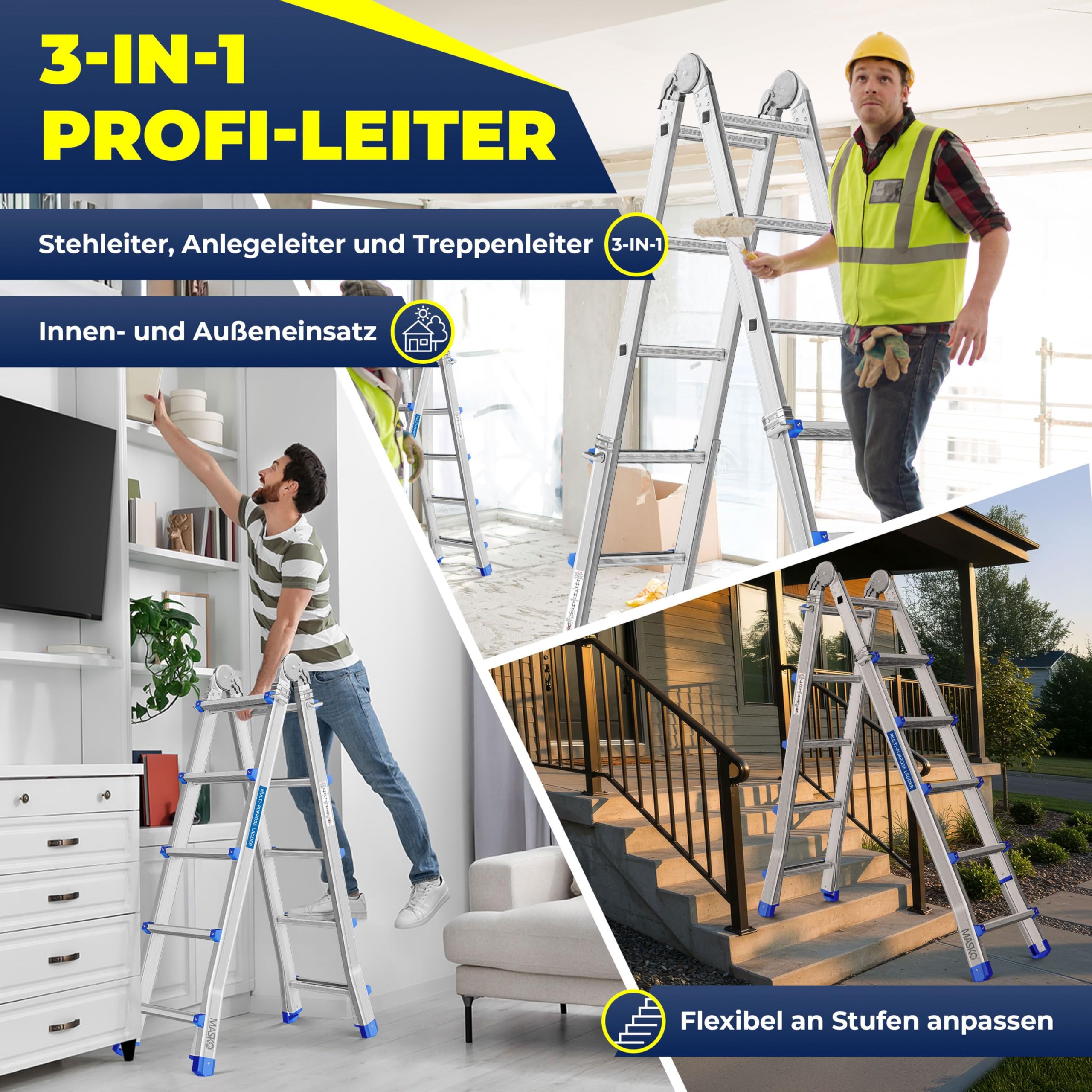 Aluminium Mehrzweckleiter 20 Sprossen 520 cm 150 kg ausziehbar Gelenkleiter Stehleiter Anlegeleiter