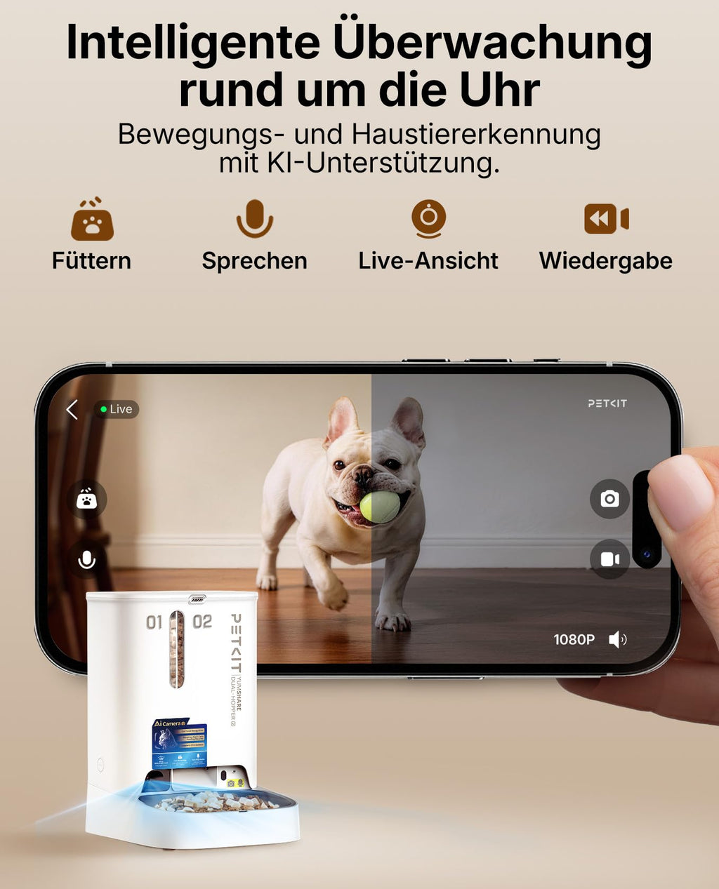 Automatischer Katzen Futterautomat YumShare Dual-Hopper 5 L mit Kamera Gesichtserkennung Doppelbehälter WLAN App Steuerung