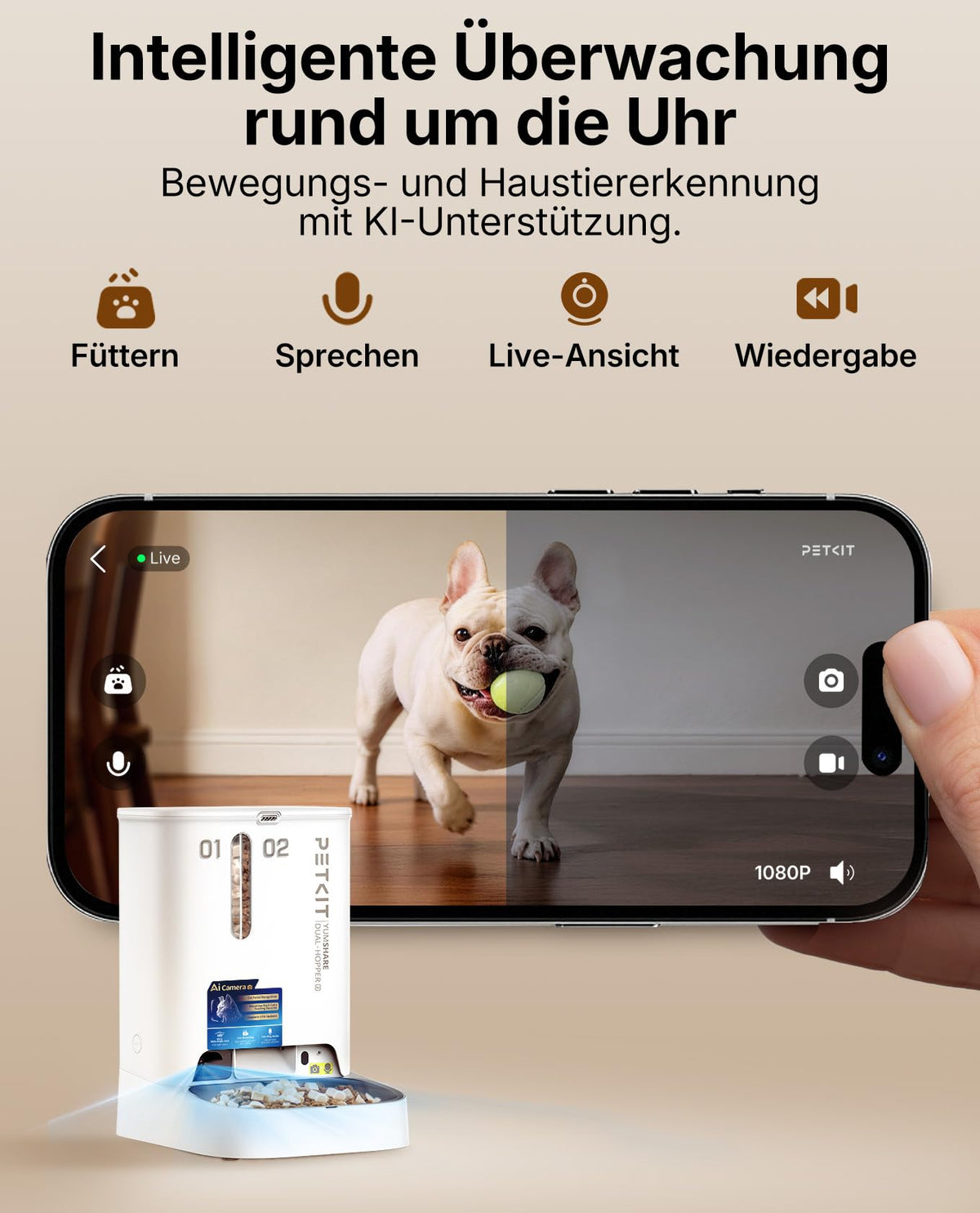 Automatischer Katzen Futterautomat YumShare Dual-Hopper 5 L mit Kamera Gesichtserkennung Doppelbehälter WLAN App Steuerung