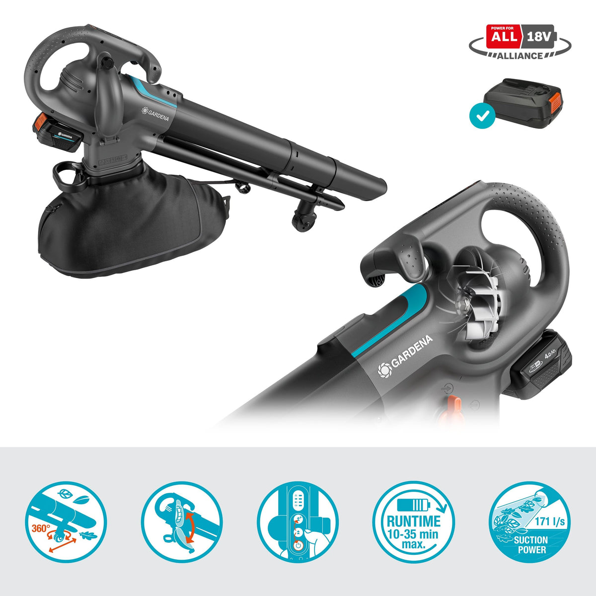 Akku-Laubsauger/-Bläser PowerJet Collect 18 V mit Saug- und Blasfunktion Fangsack einstellbarer Geschwindigkeit Set