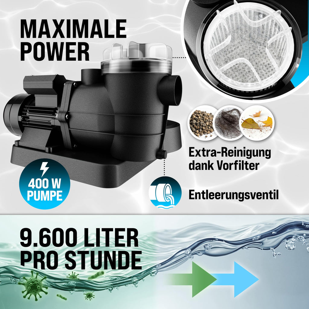 Sandfilteranlage SF96K 9600 l/h 400 W für Pools bis 30000 l mit 25 l Filterkessel 7-Wege-Ventil und Filterbällen