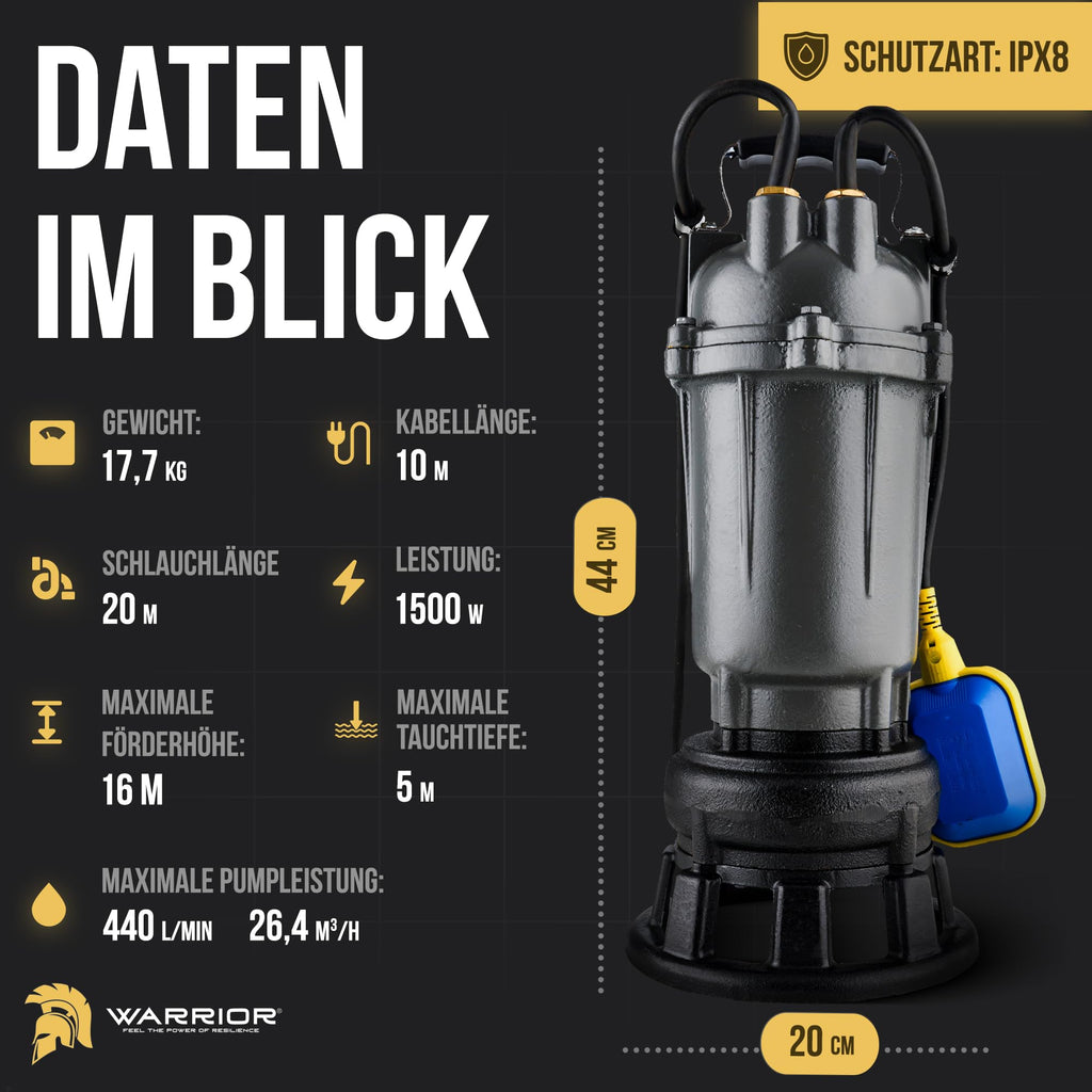 Schmutzwasserpumpe WQD1500 1500W mit Schneidwerk 26400 l/h 20 m 2 Zoll Gewebeschlauch Tragetasche