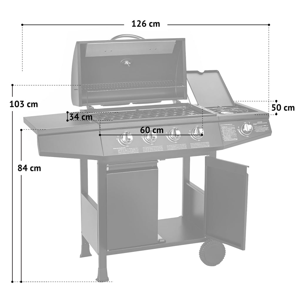 Gasgrill Grillwagen BASIC 4+1 mit 4 Edelstahlbrennern 1 Seitenkocher und 61 x 32 cm Grillfläche