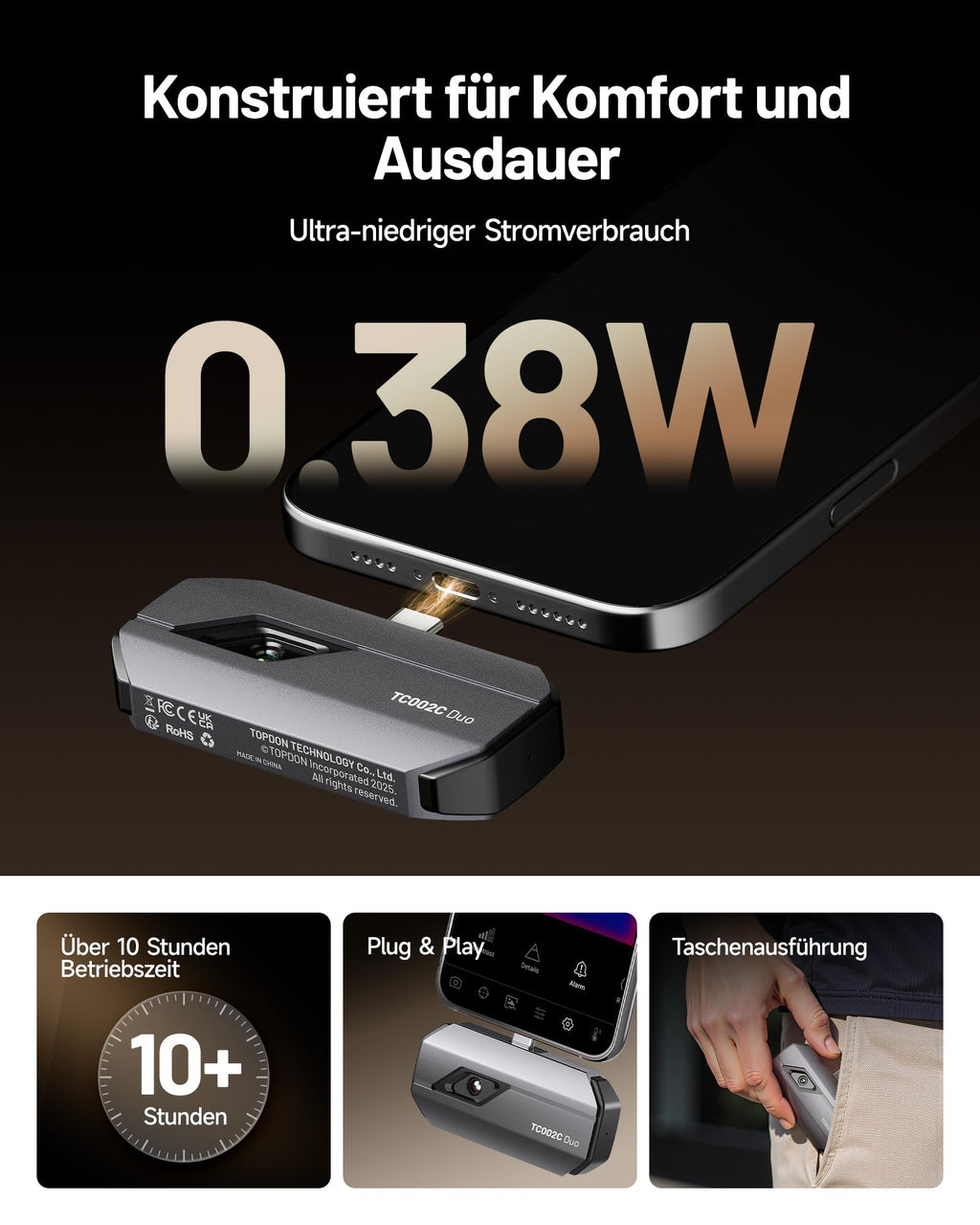 Wärmebildkamera TC002C Duo 512 x 384 25 Hz 40 mK USB-C für Android iOS mit Infrarotkamera