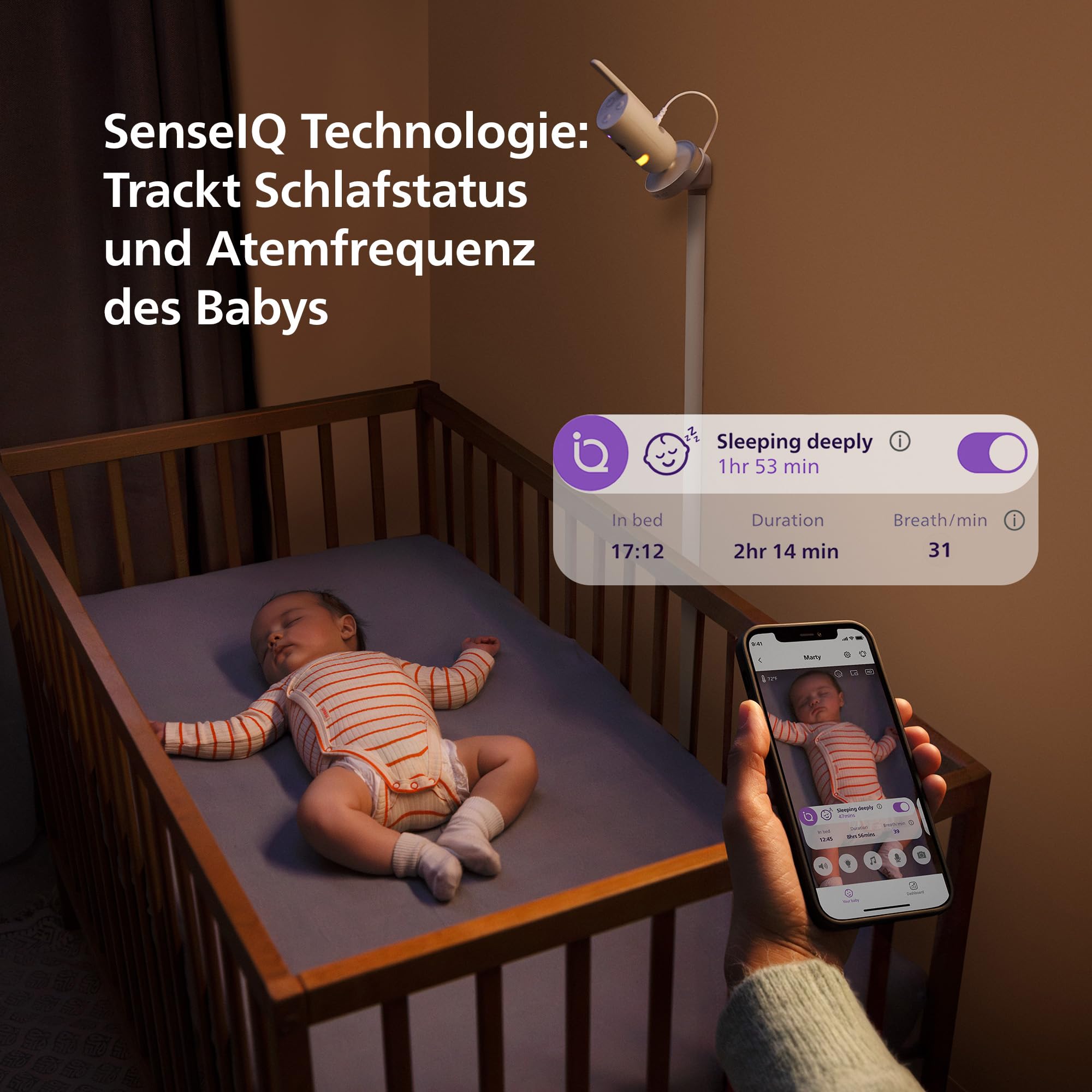 Babyphone mit App 1080p HD Kamera Schlaf- und Atemtracking KI Schreierkennung Wandhalterung Wi-Fi 400 m Reichweite