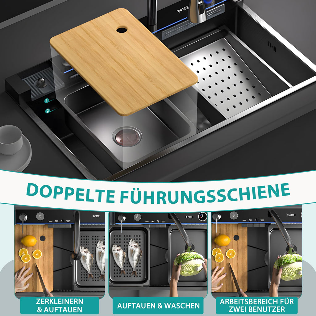 Edelstahl Küchenspüle 80 x 45 x 22 cm Einzelbecken mit LED-Temperaturanzeige ausziehbarem Wasserfallhahn und Ablaufgarnitur