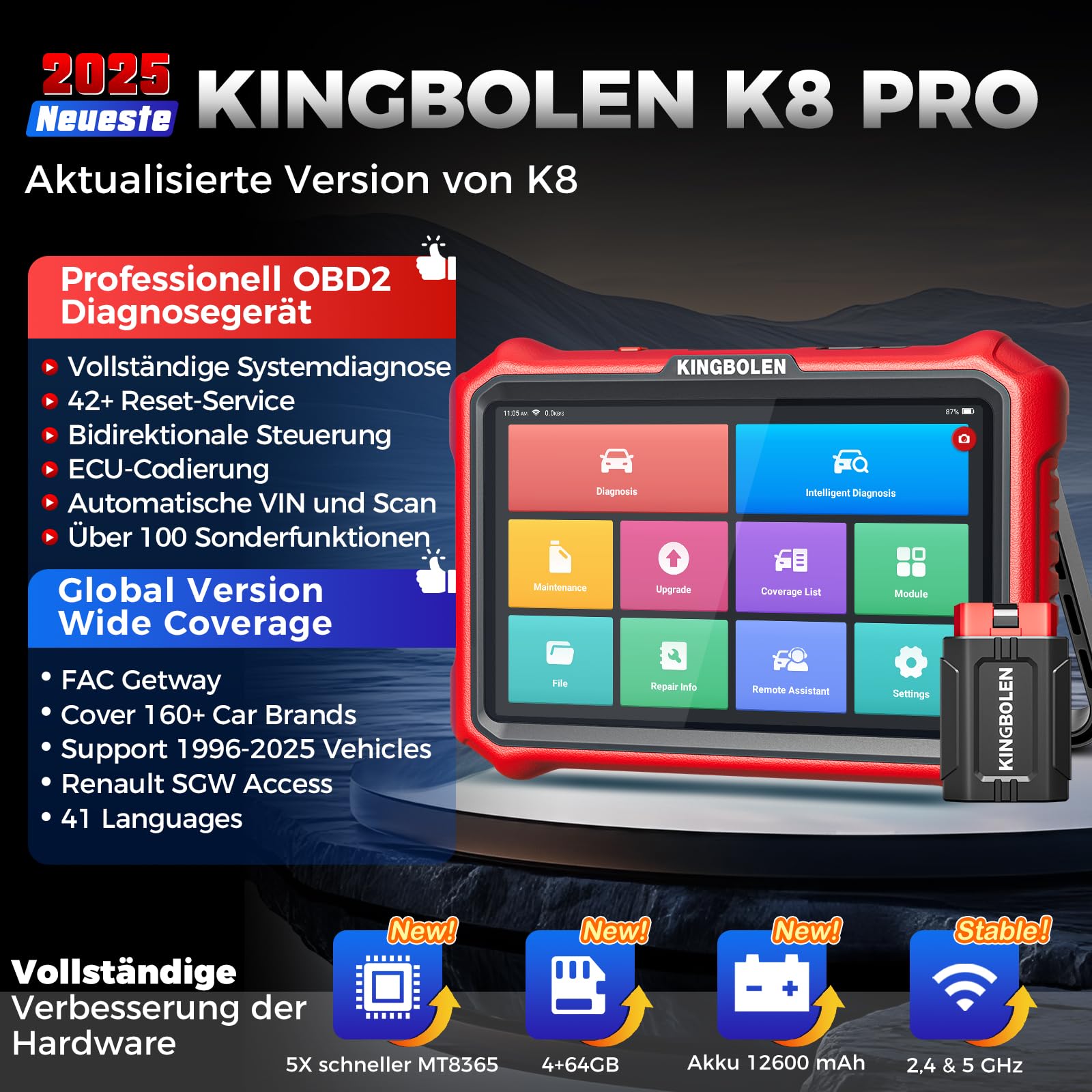 OBD2 Diagnosegerät K8 PRO Bluetooth 8 Zoll Vollsystemdiagnose bidirektionale Steuerung ECU Codierung CAN FD DOIP