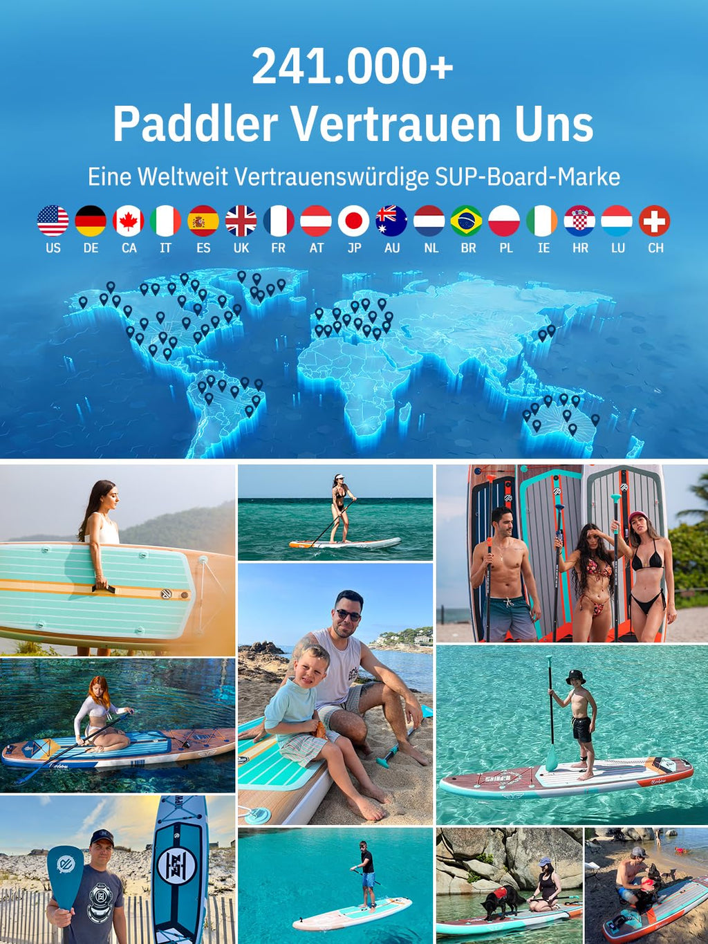Extra Großes aufblasbares SUP Board 335 x 83 x 15 cm für 2+1 Personen bis 250 kg mit StabilTrac Finne und Kayak Sitz