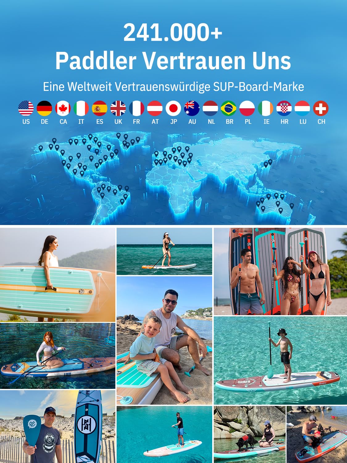 Extra Großes aufblasbares SUP Board 335 x 83 x 15 cm für 2+1 Personen bis 250 kg mit StabilTrac Finne und Kayak Sitz