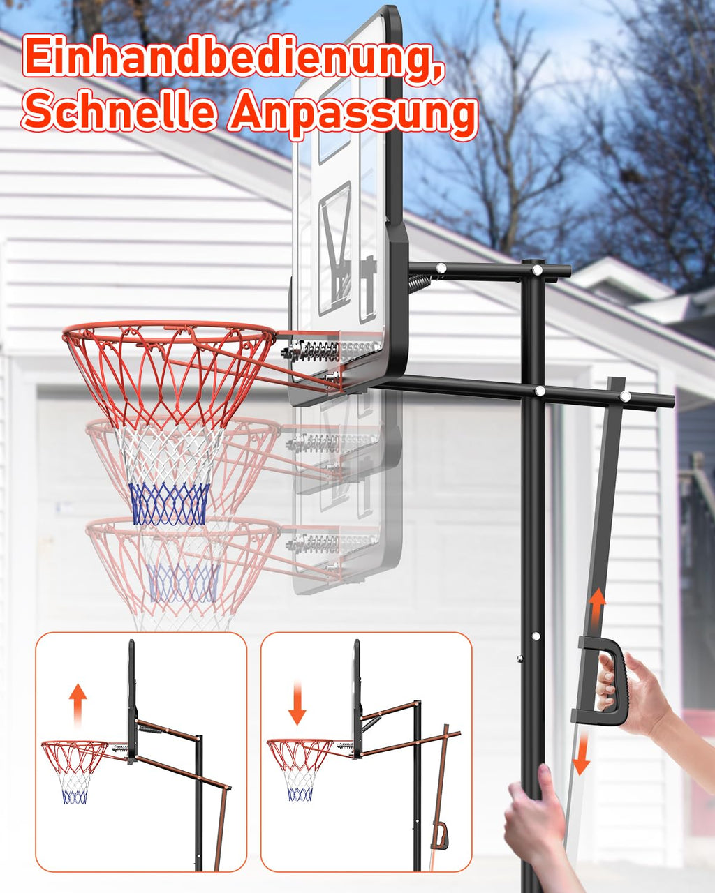 Höhenverstellbarer Basketballkorb LM052 145–305 cm mit 110 x 75 cm Rückwand Rollen und befüllbarer Standbasis
