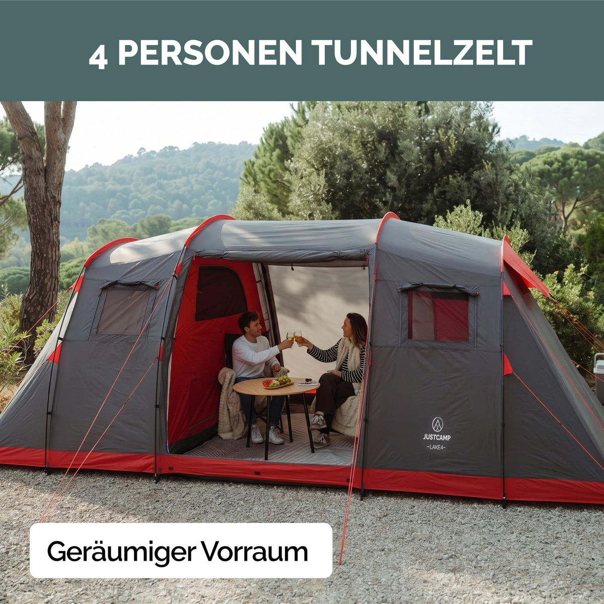 Familienzelt Lake 4 Personen Tunnelzelt 470 x 230 x 190 cm 2 Schlafkabinen 3000 mm Wassersäule Stehhöhe eingenähter Boden
